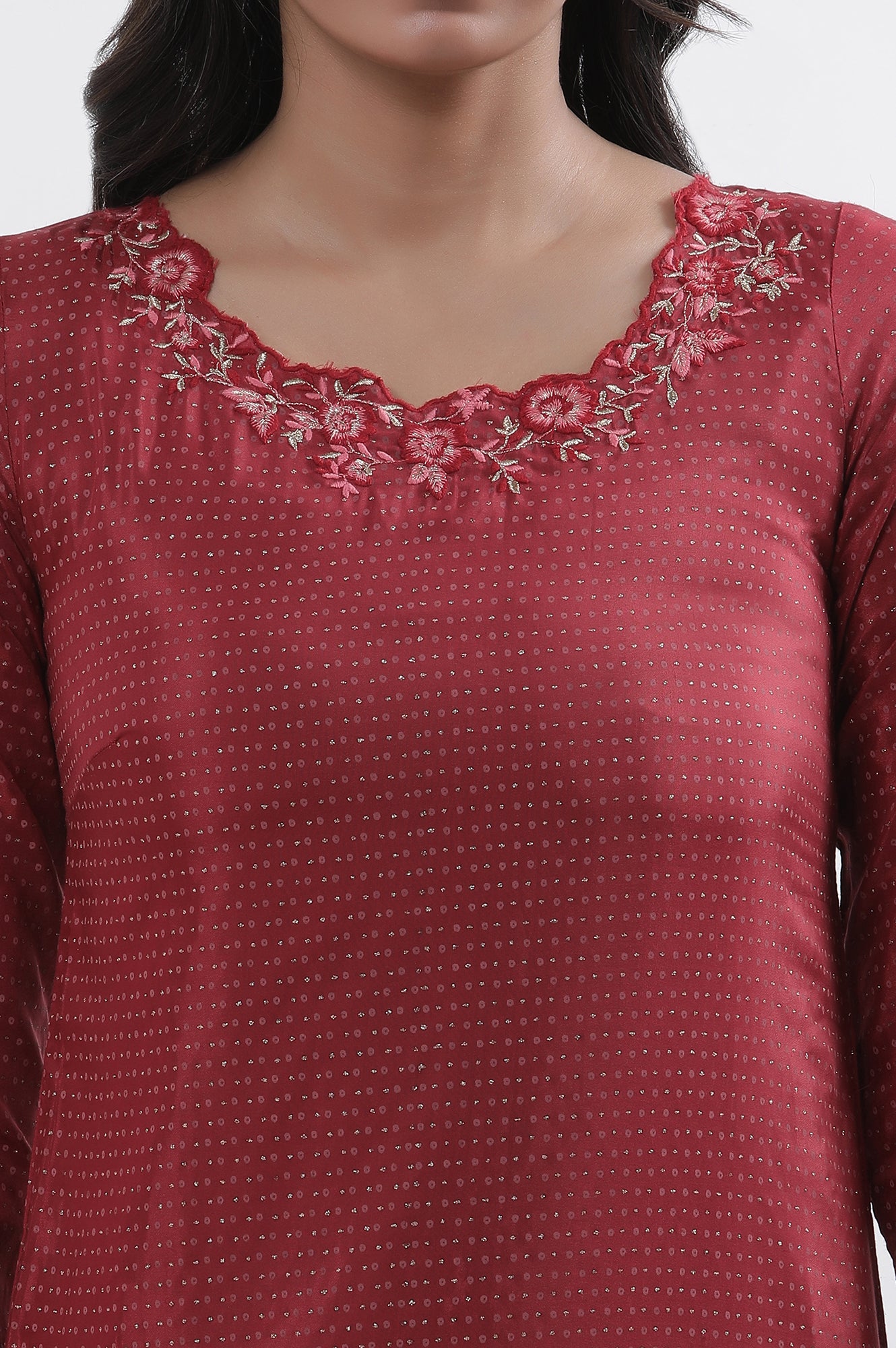 Maroon Embroidered Kurta Tights And Dupatta Set