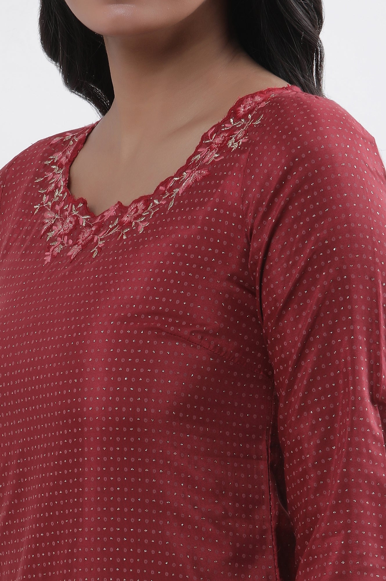 Maroon Embroidered Kurta Tights And Dupatta Set