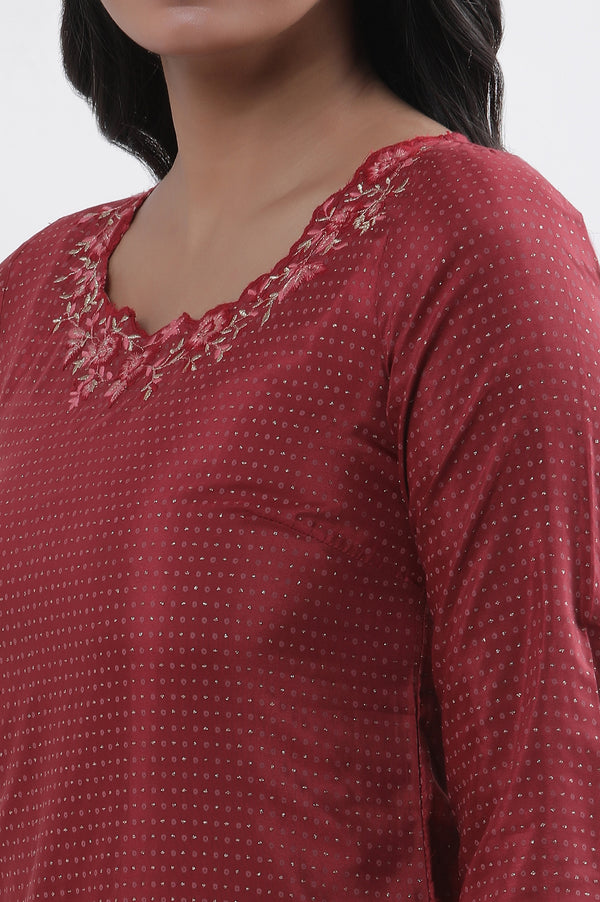 Maroon Embroidered Kurta Tights And Dupatta Set