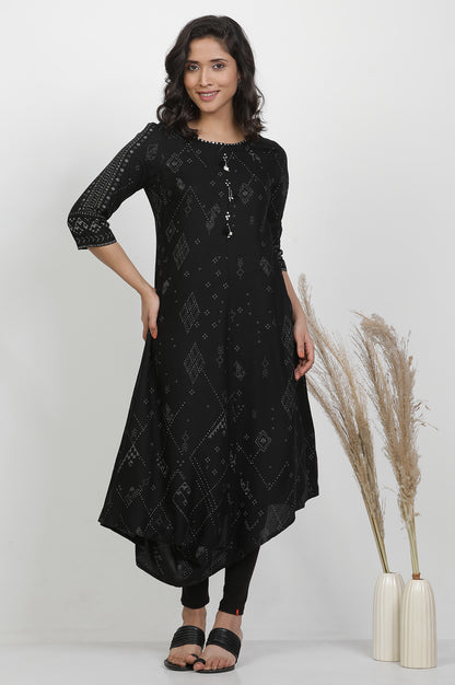 Black Printed Kurta With Cowl Hemline And Tights Set