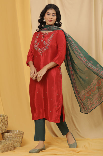 Red Embroidered Kurta, Pants And Dupatta Set