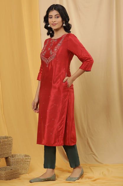 Red Embroidered Kurta, Pants And Dupatta Set