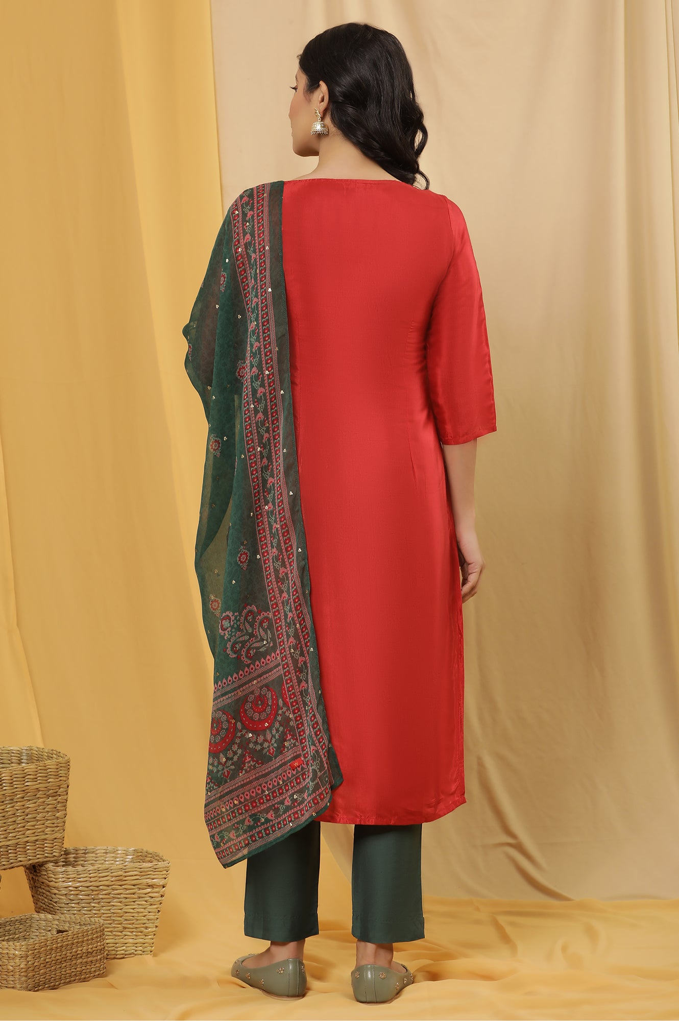 Red Embroidered Kurta, Pants And Dupatta Set