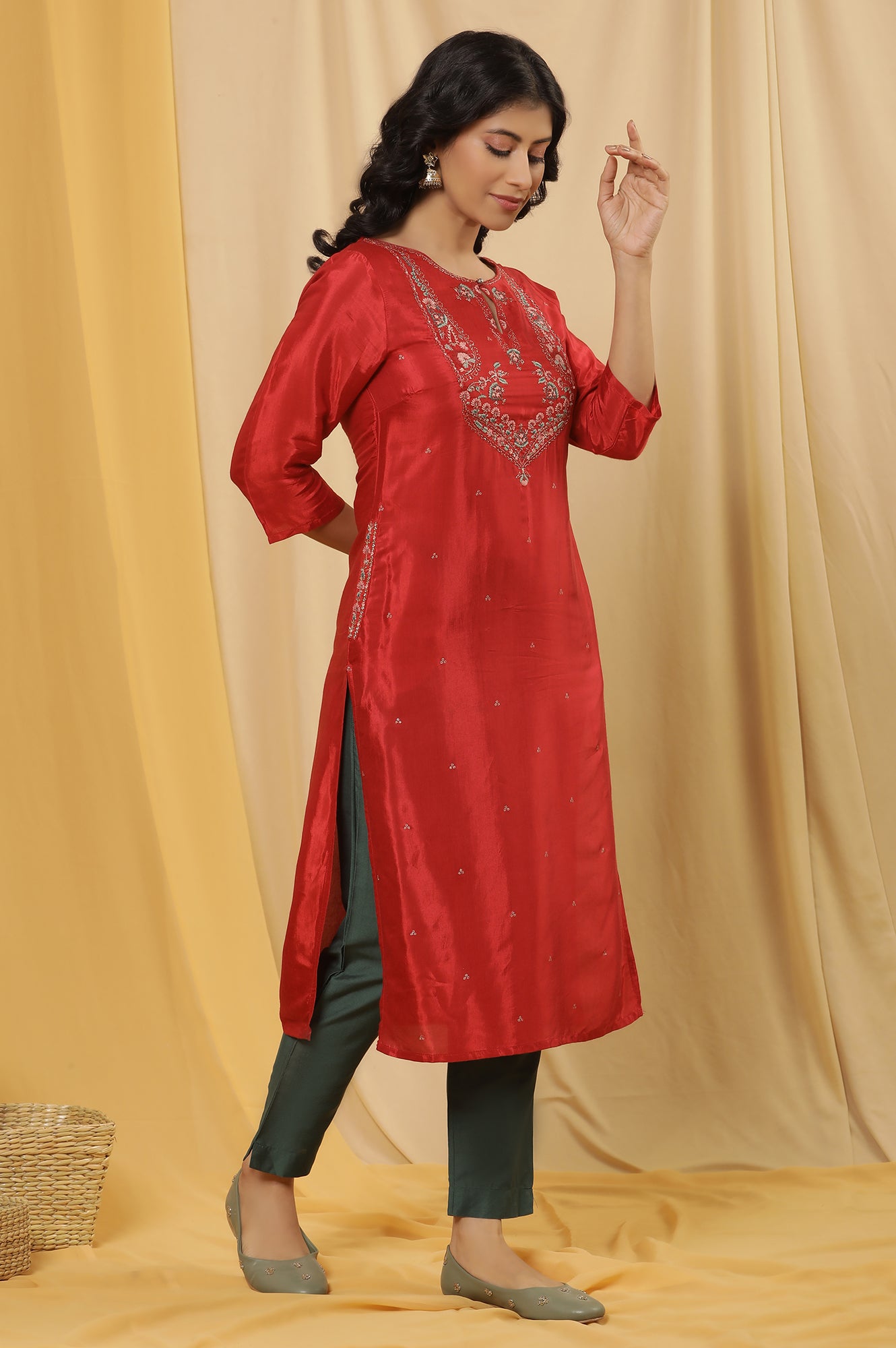 Red Embroidered Kurta, Pants And Dupatta Set
