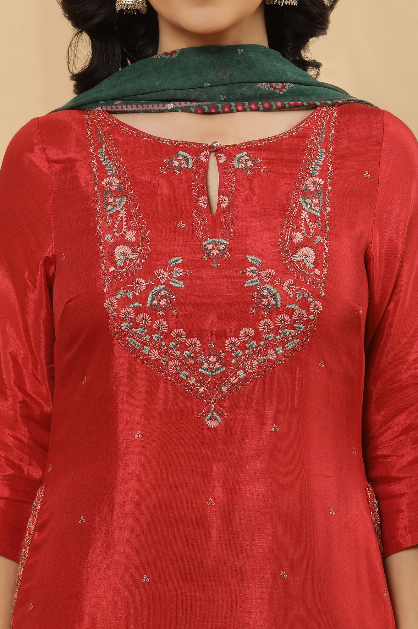 Red Embroidered Kurta, Pants And Dupatta Set