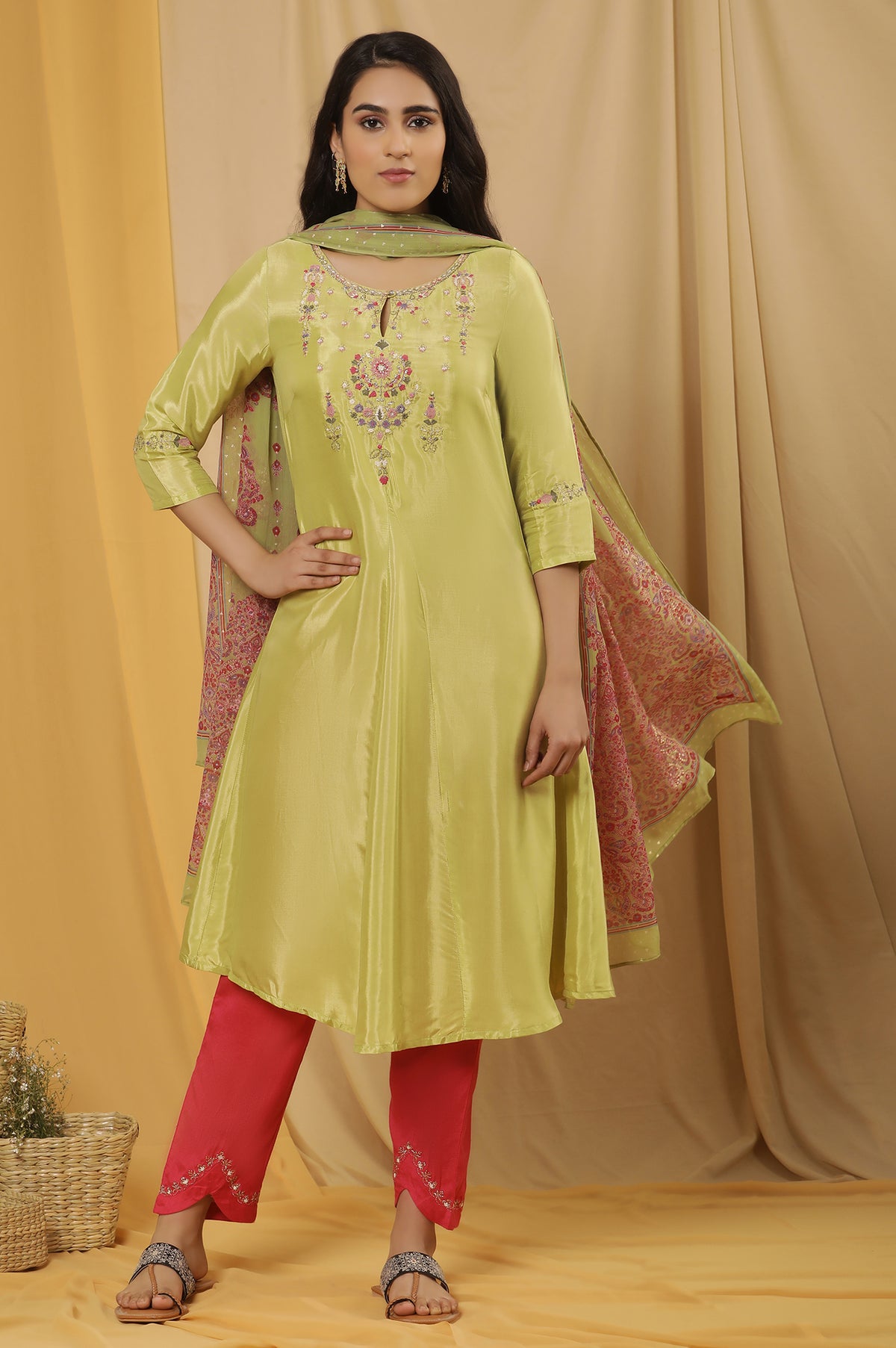 Green Embroidered A-Line Kurta, Embroidered Slim Pants And Dupatta Set - XS