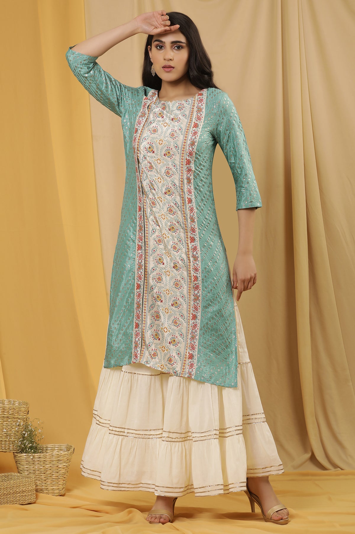 Green Mock Layer Printed Kurta And Sharara Set - XS