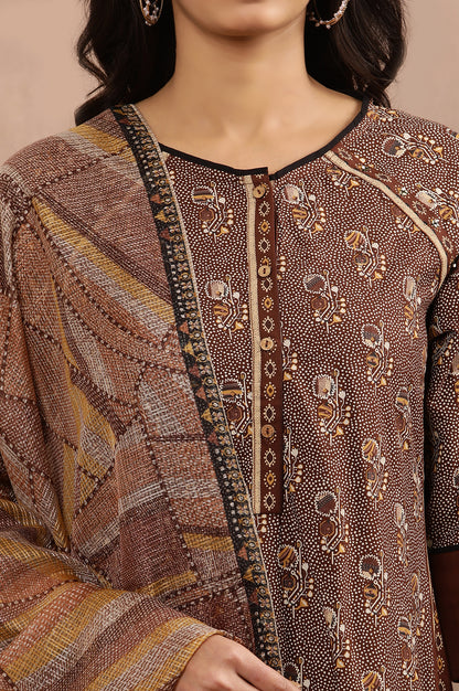 Brown Printed Kurta, Churidar And Dupatta Set
