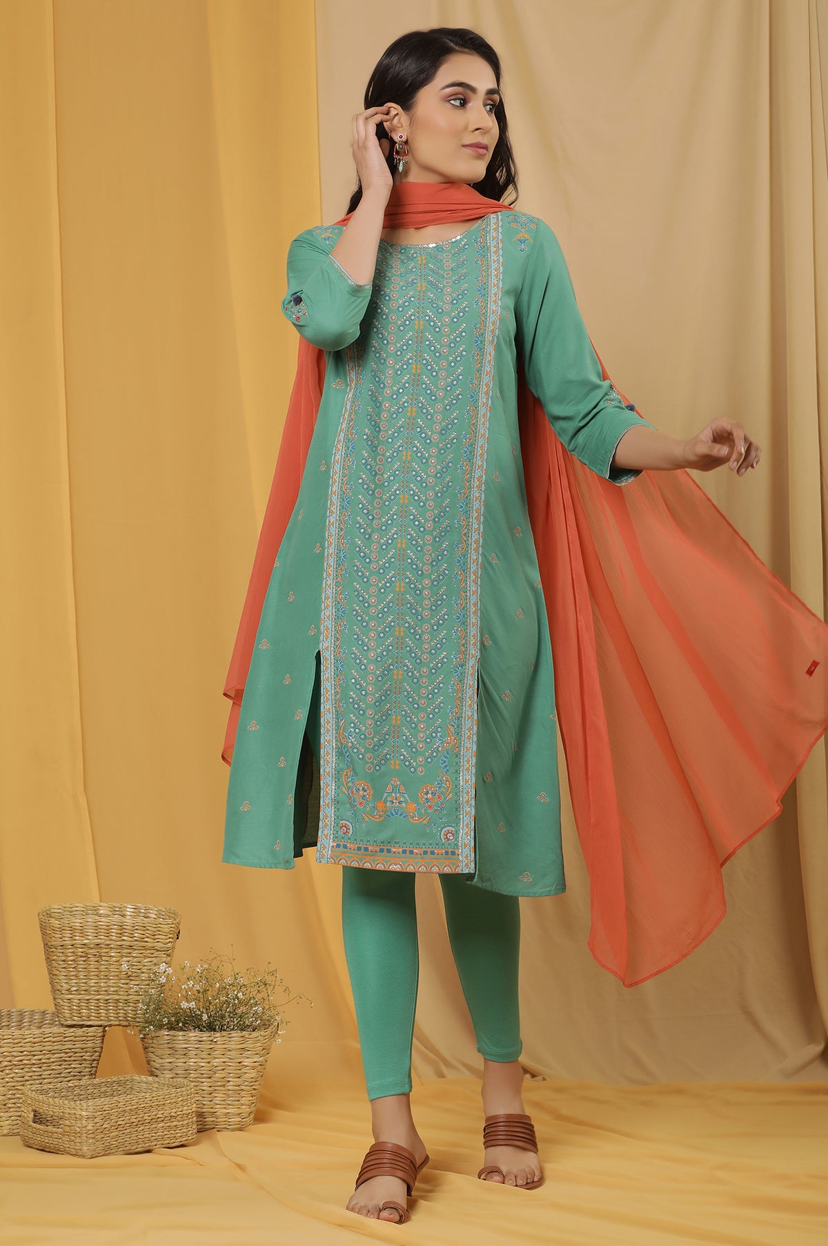 Green Placement Print Kurta, Tights And Dupatta Set - XS