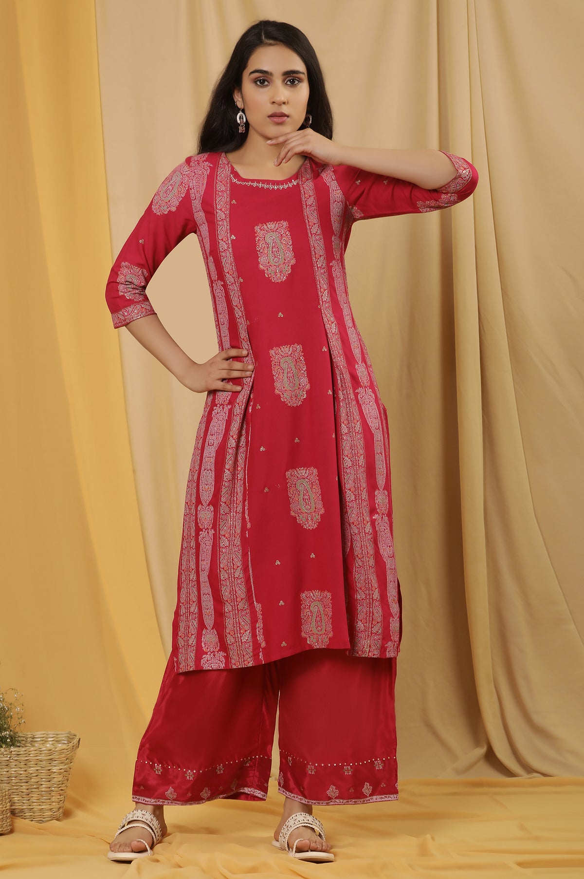Pink Mock Layer Printed Kurta And Parallel Pants Set - XS