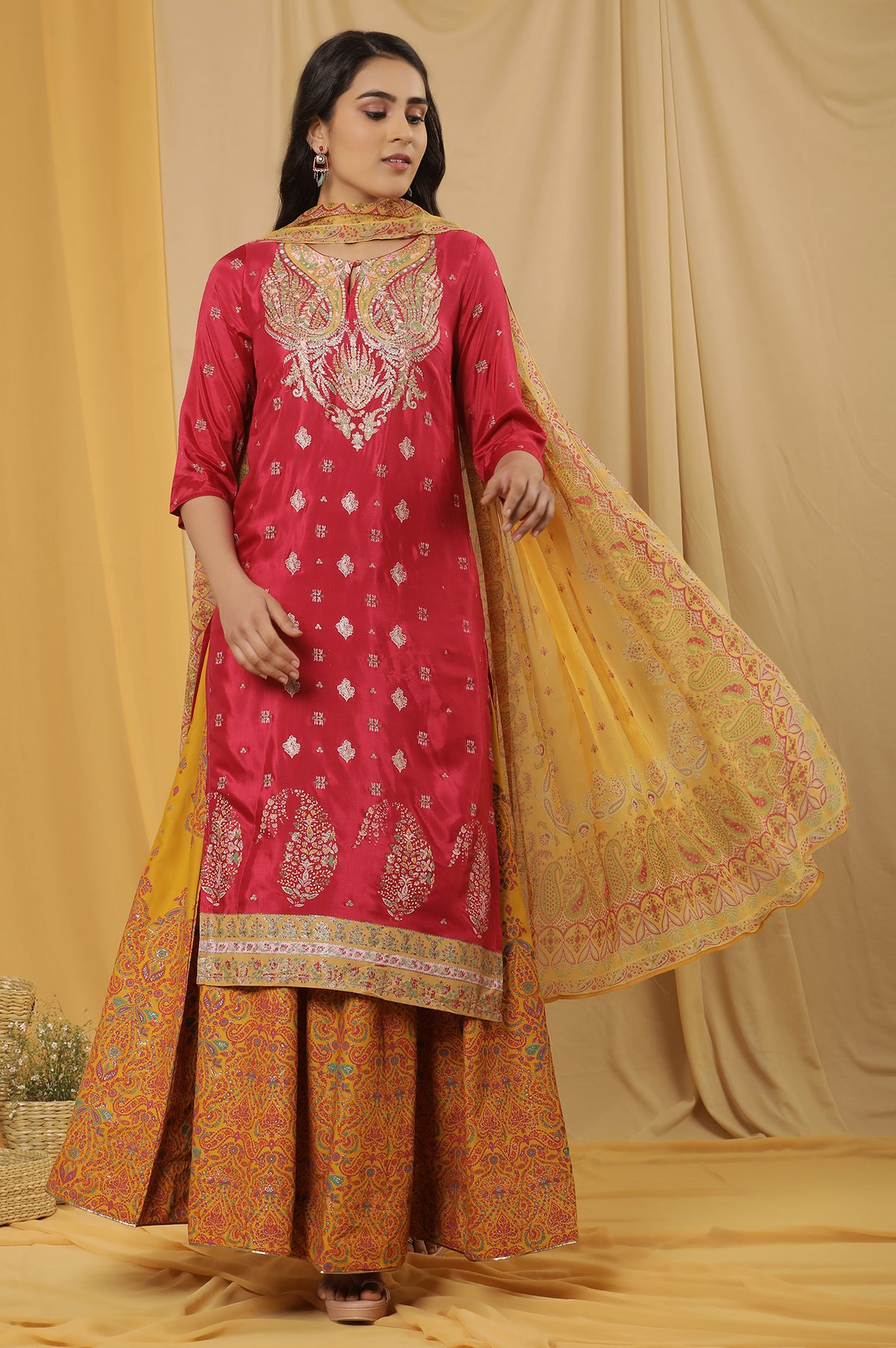 Pink Embroidered Kurta, Mustard Flared Skirt And Dupatta Set - XS