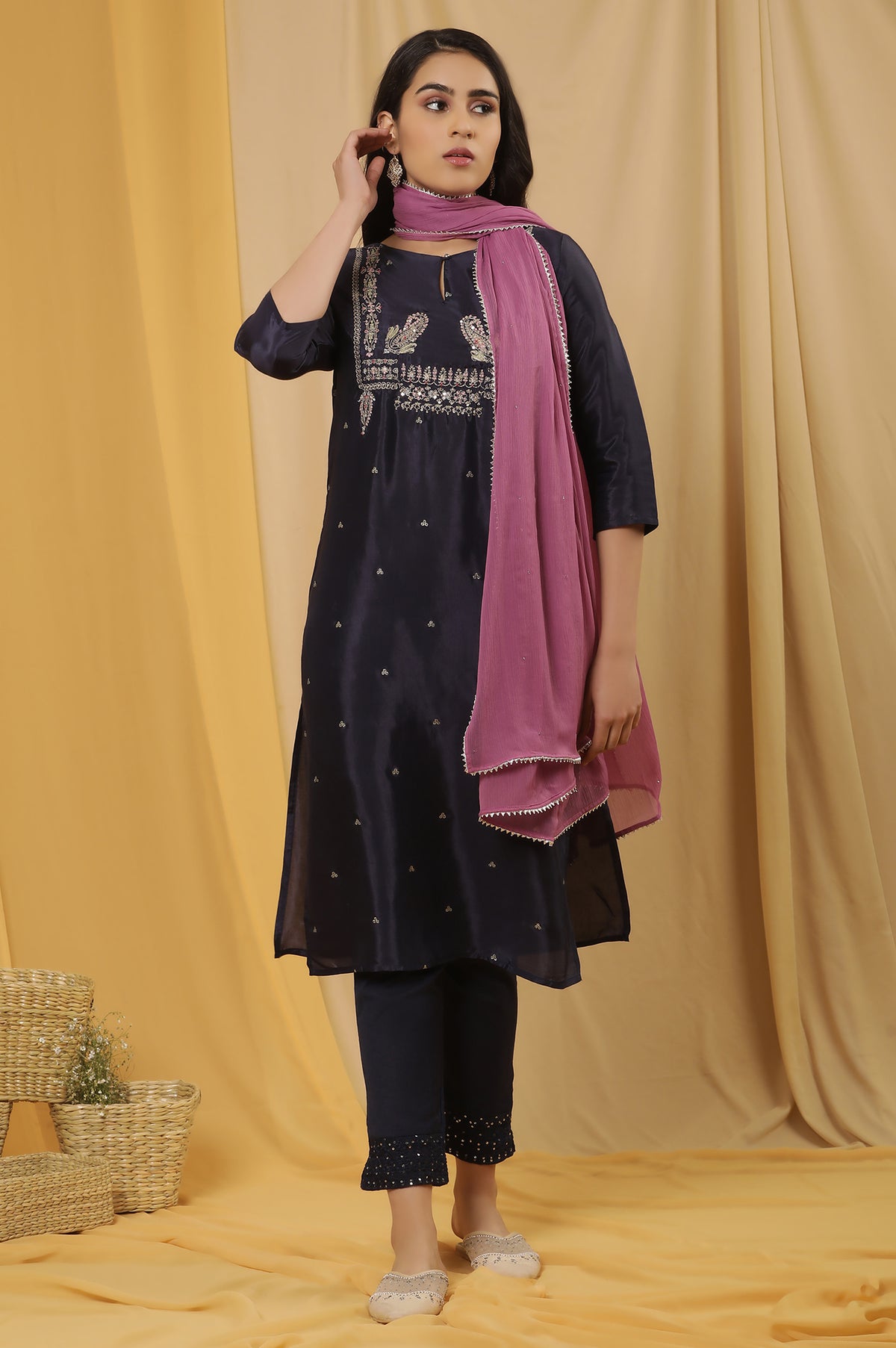 Blue Shantung Embroidered Kurta, Pants And Dupatta Set - XS