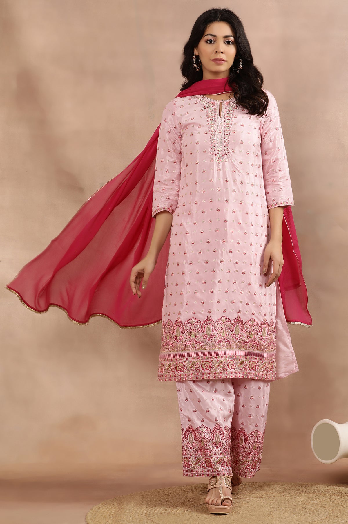 Pink Glitter Printed Embellished Kurta, Parallel Pants And Dupatta Set - XS