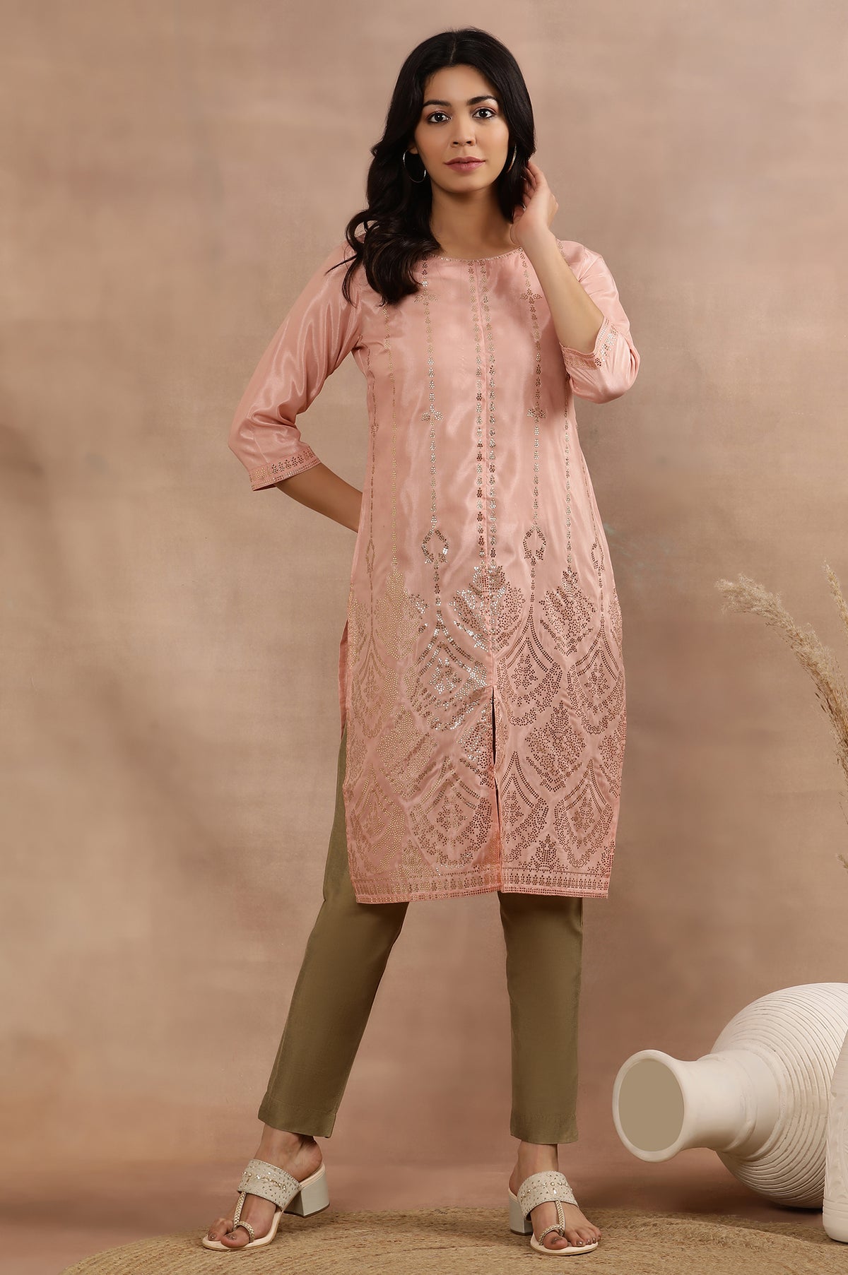 Blush Pink Mukaish Printed Kurta And Pants Set - XS