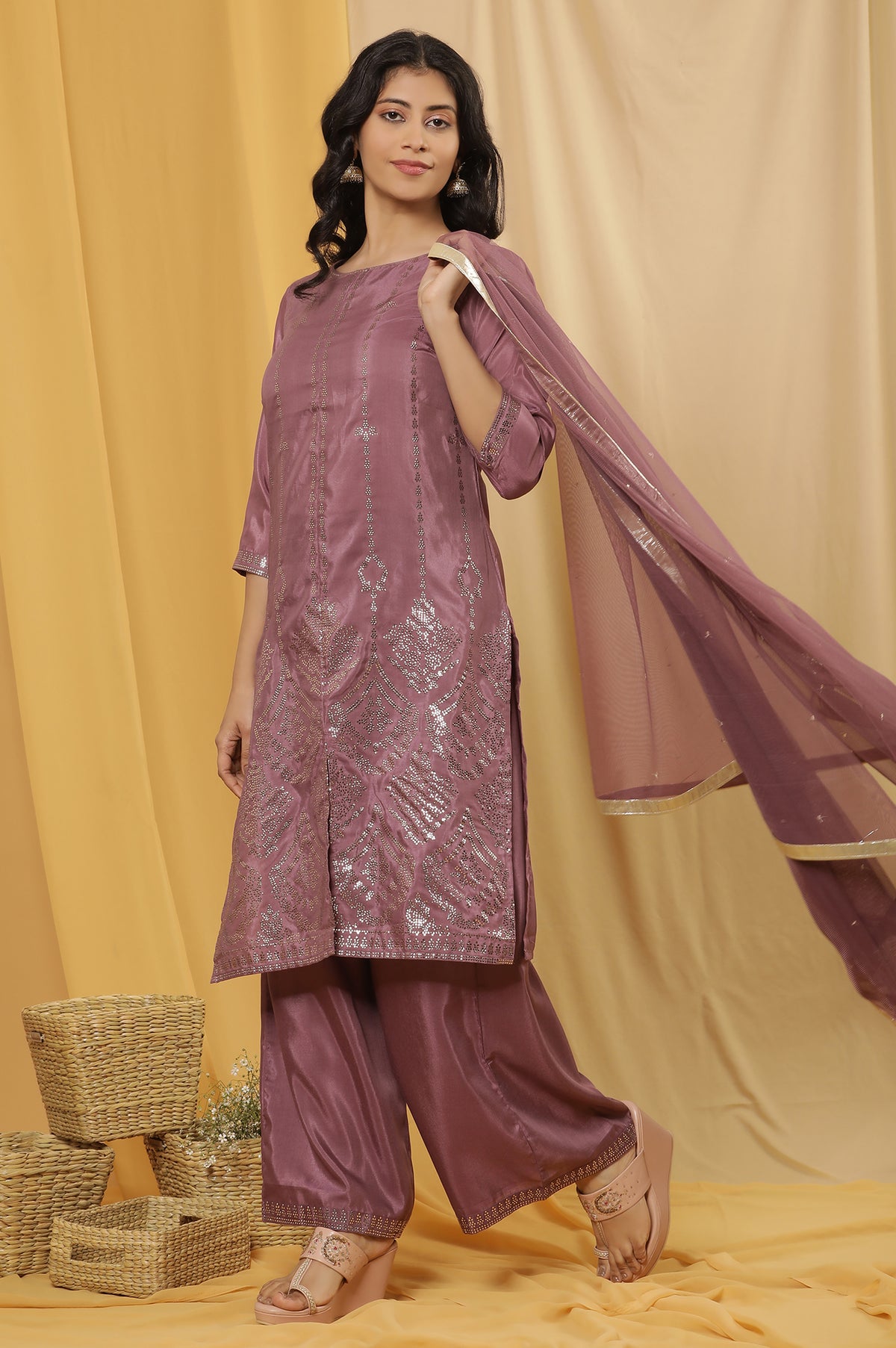 Purple Mukaish Printed Kurta, Parallel Pants And Dupatta Set - XS