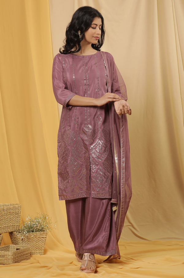 Purple Mukaish Printed Kurta, Parallel Pants And Dupatta Set