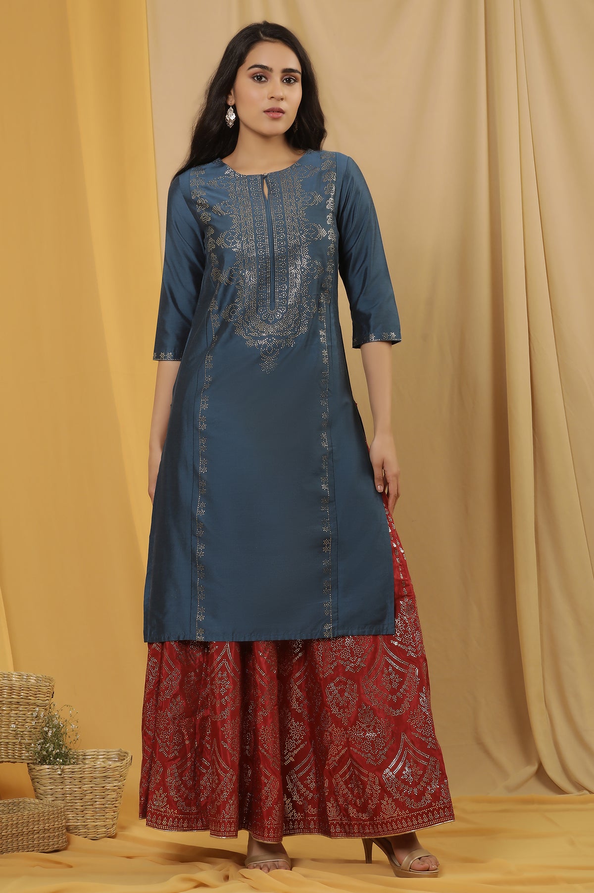 Blue Mukaish Kurta And Red Flared Skirt - XS