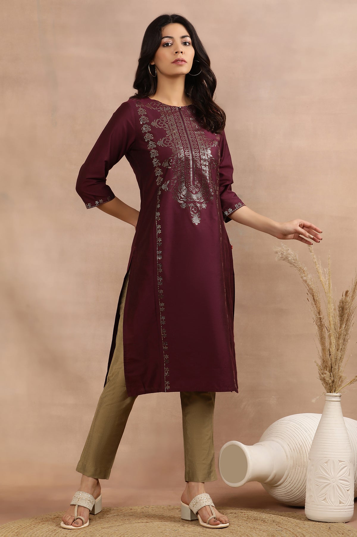 Purple Mukaish Printed Kurta And Pants Set - S