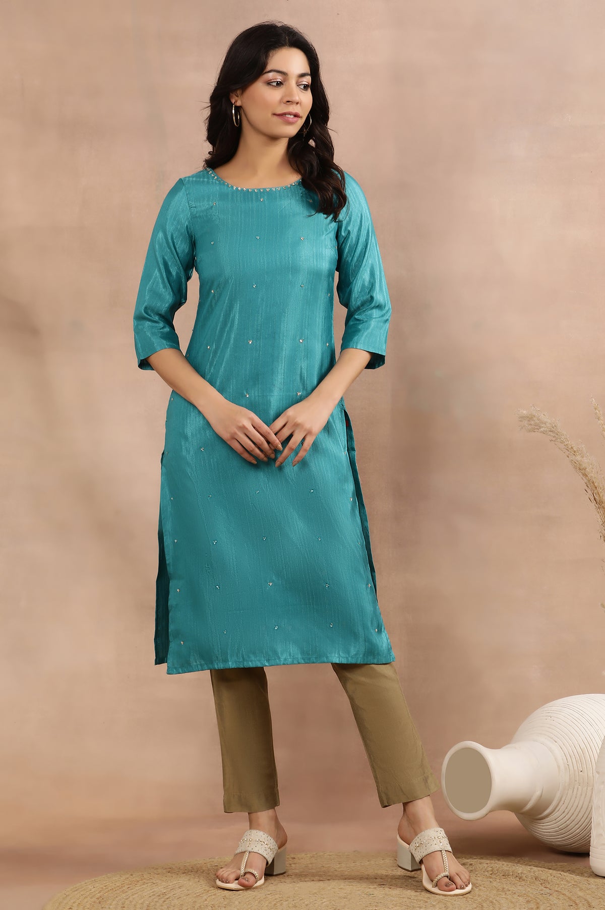 Teal Embellished Kurta And Golden Pants Set - XS