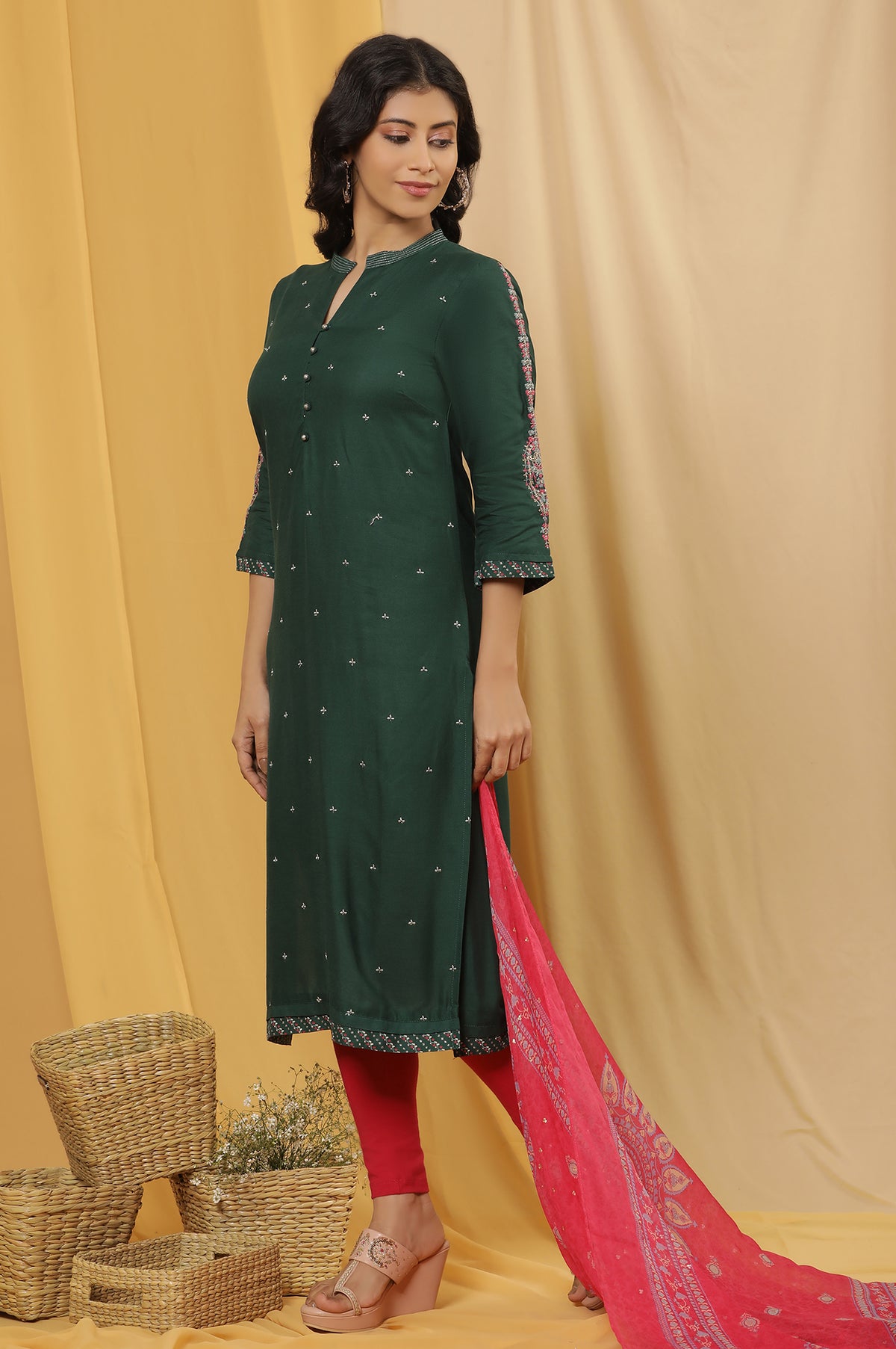 Green Metallic Embroidered Kurta, Pink Tights And Dupatta Set - XS