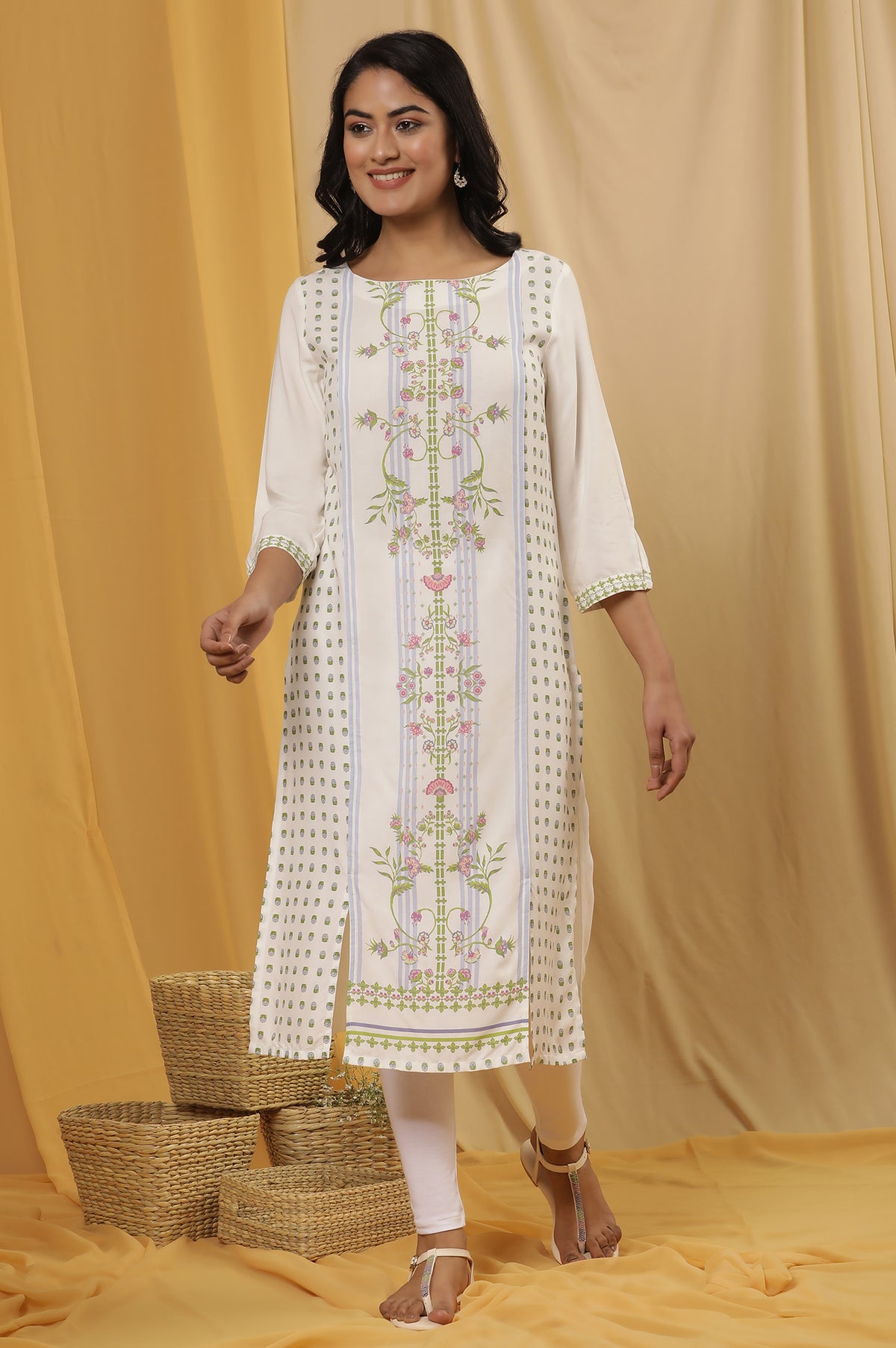 White Printed Kurta And Tights Set - XXL