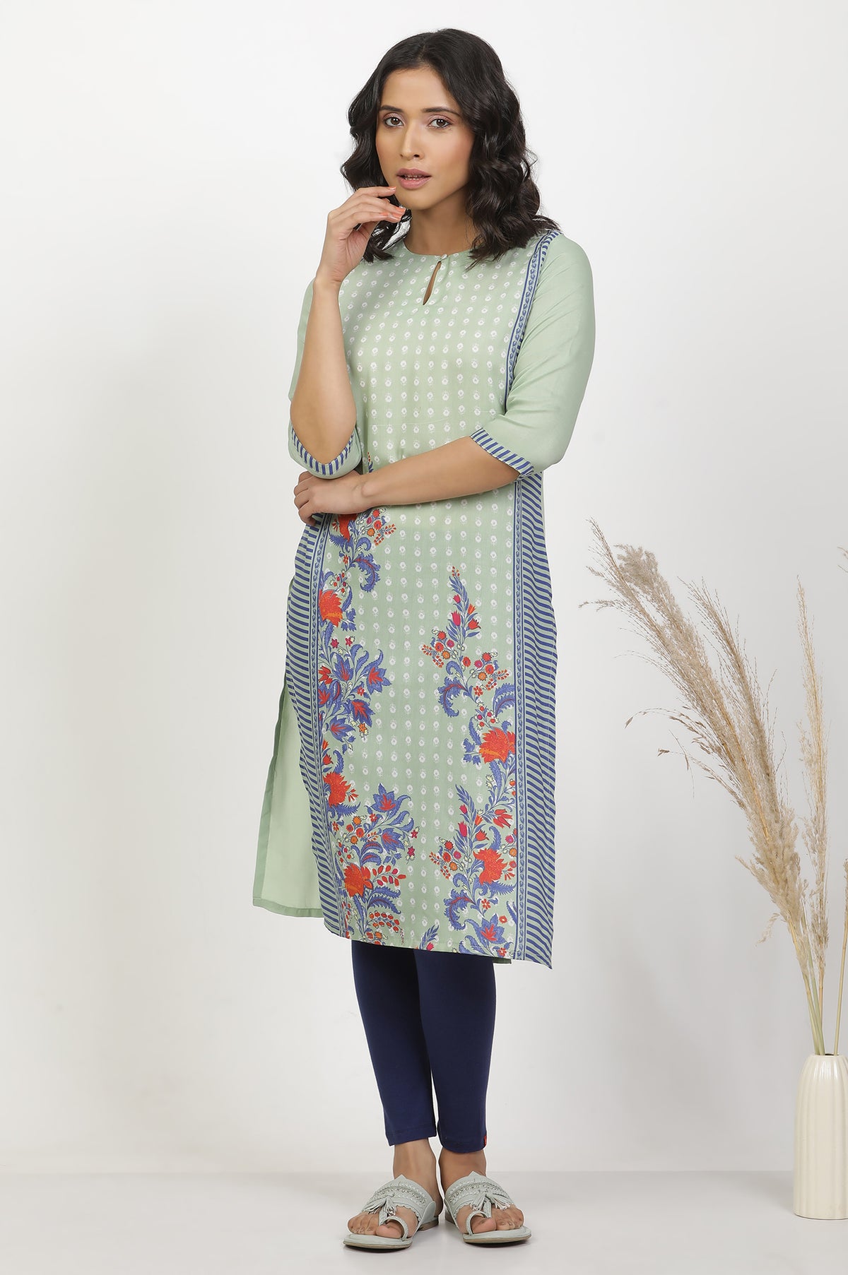 Green Print Mix Kurta And Tights Set - XS