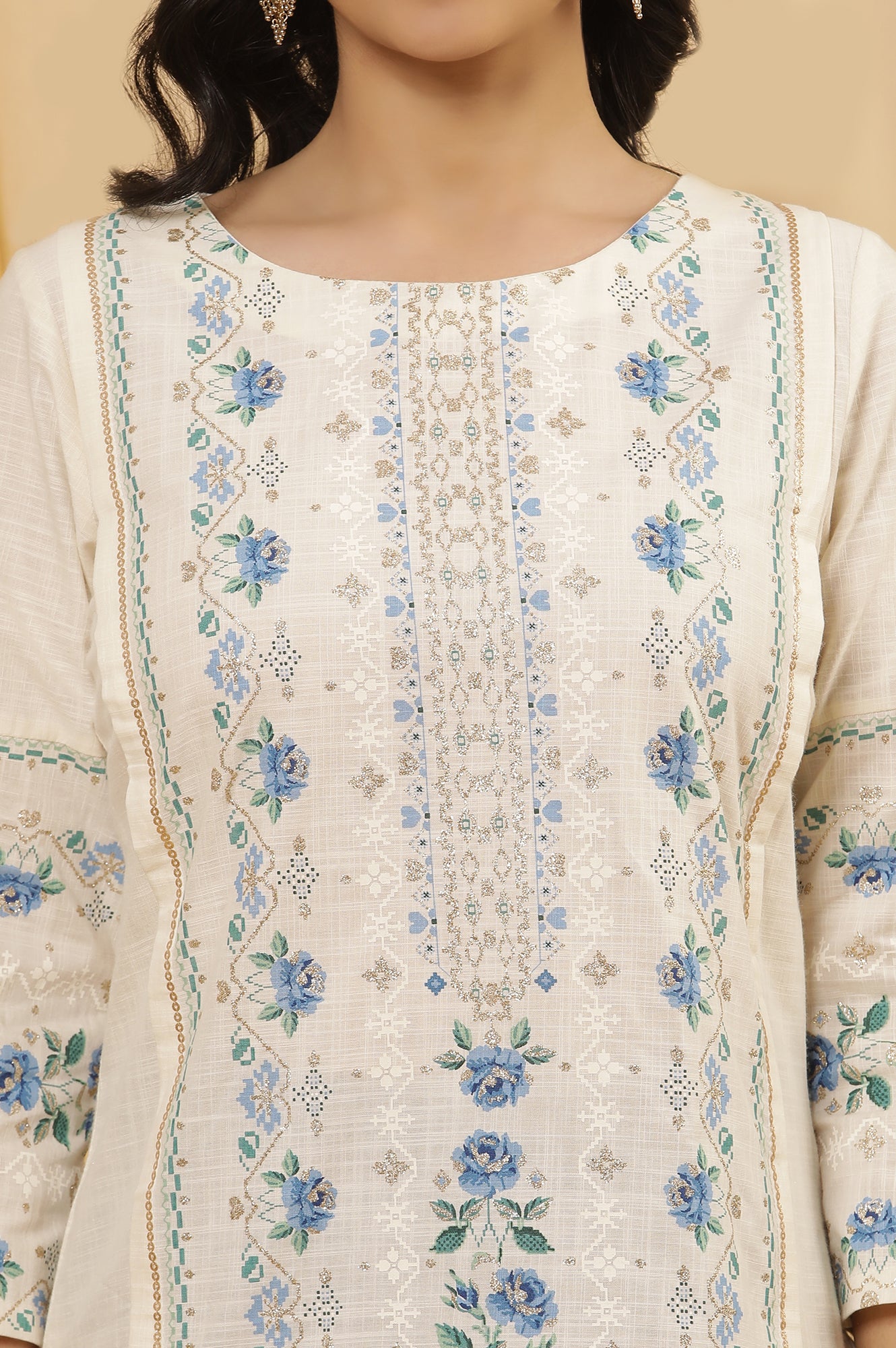 White Printed Straight Kurta And Tights Set