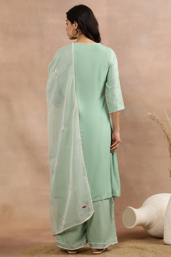 Green Embroidered Kurta, Pants And Kota Dupatta Set