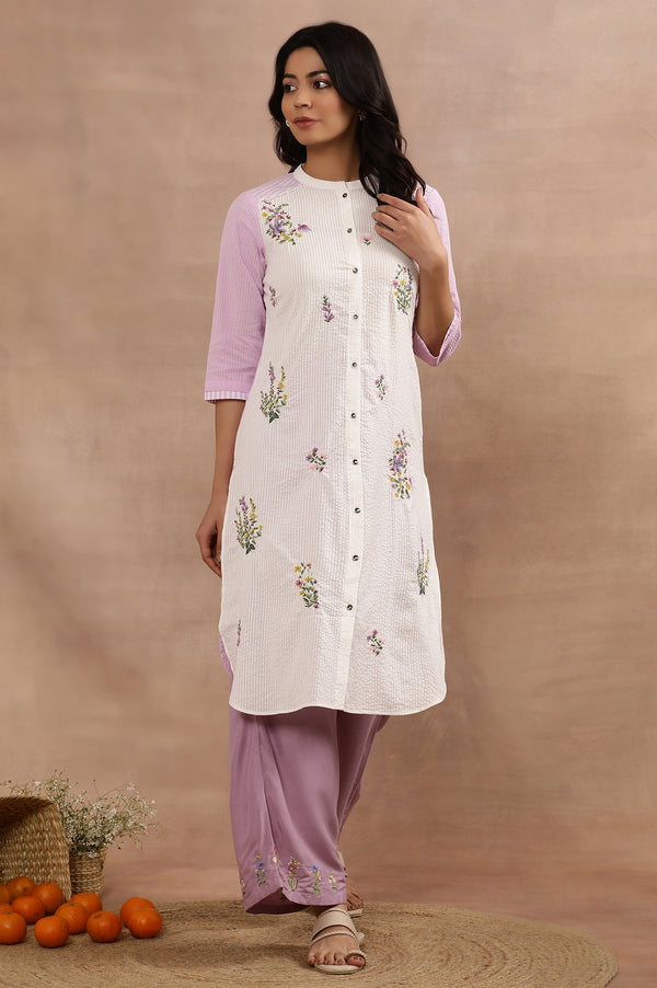 White Textured Cotton Embroidered Kurta and Pants Set