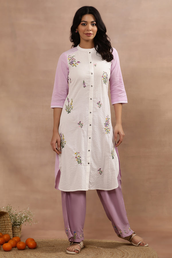 White Textured Cotton Embroidered Kurta and Pants Set
