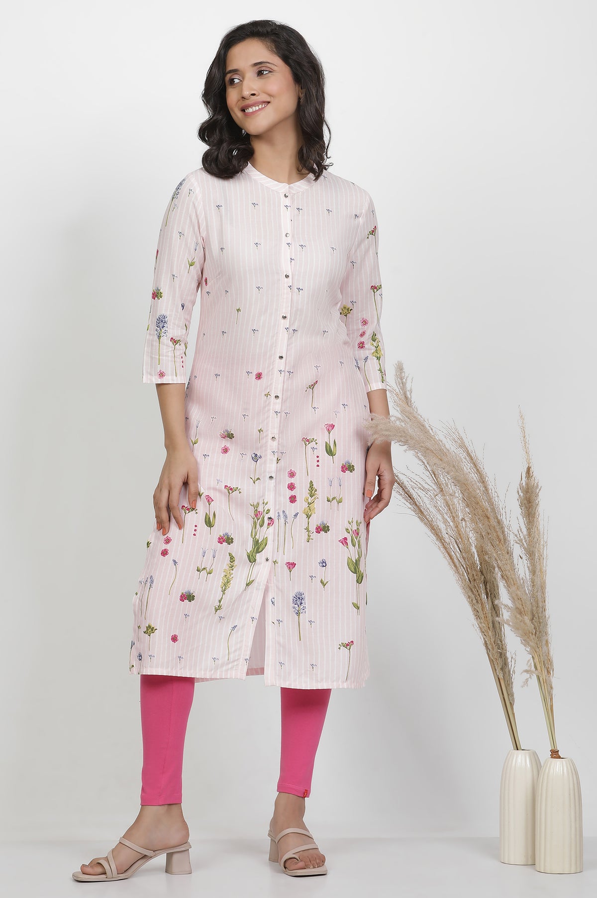 Pink Floral Printed Kurta And Tights Set - XS