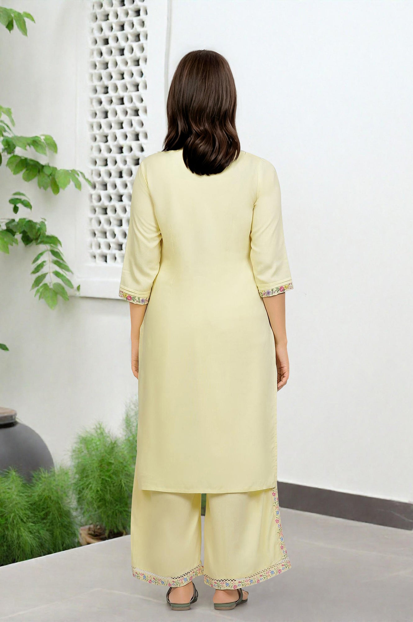 Yellow Solid Thread Embroidered Rayon Straight Kurta and Pants Co-Ord Set
