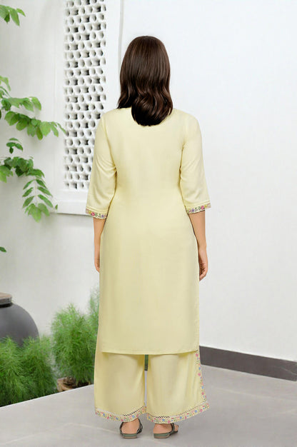 Yellow Solid Thread Embroidered Rayon Straight Kurta and Pants Co-Ord Set