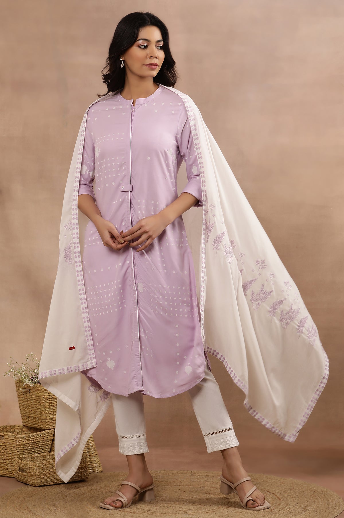 Light Purple Printed Casual Kurta, Pants And Dupatta Set - XS