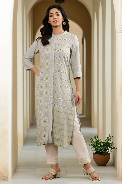 Grey Printed Mandarin Collar Kurta And Pants Set