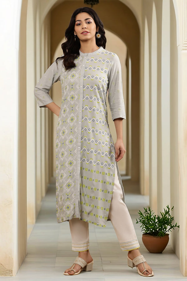 Grey Printed Mandarin Collar Kurta And Pants Set