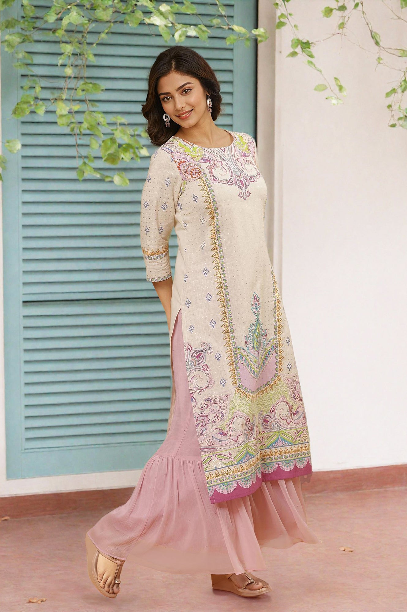 White Printed Pure Cotton Straight Kurta And Sharara Set