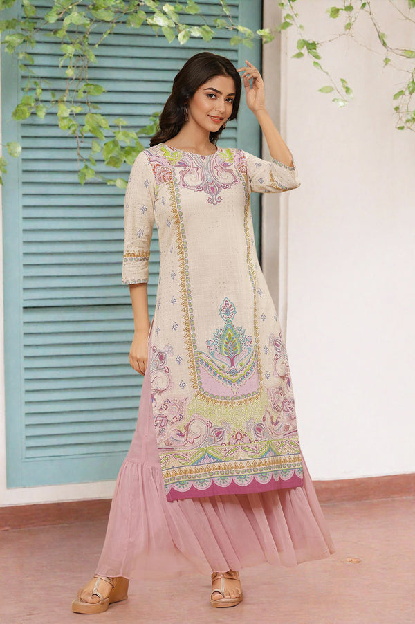 White Printed Pure Cotton Straight Kurta And Sharara Set