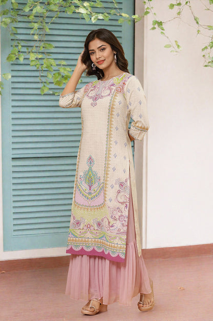 White Printed Pure Cotton Straight Kurta And Sharara Set