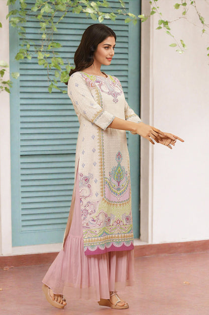 White Printed Pure Cotton Straight Kurta And Sharara Set