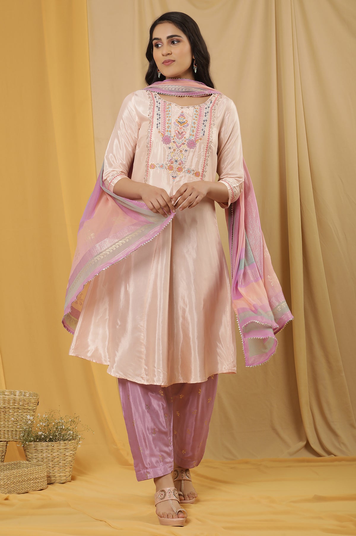 Peach Embroidered Flared Kurta, Salwar And Dupatta Set - XS