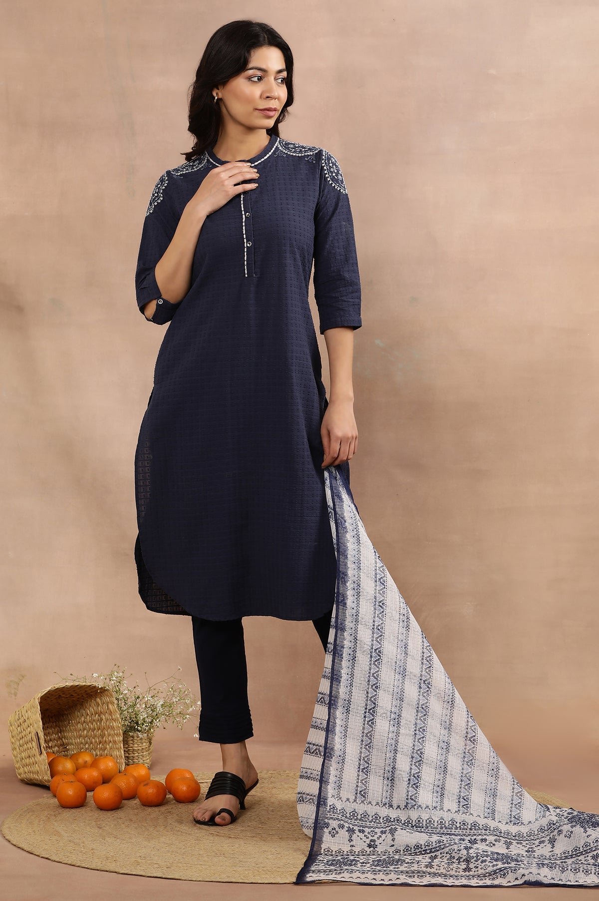Blue Embroidered Cotton Kurta, Pants And Kota Dupatta Set - XS