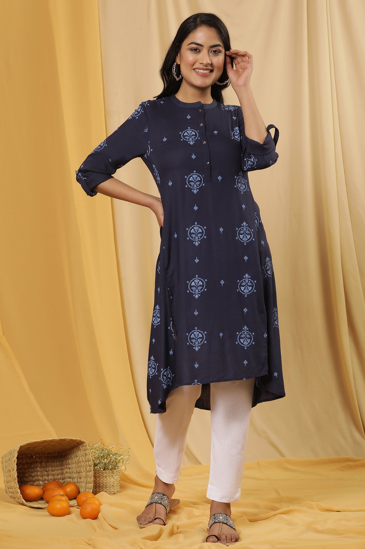 Navy Blue Printed High Low Kurta And Pants Set - XS