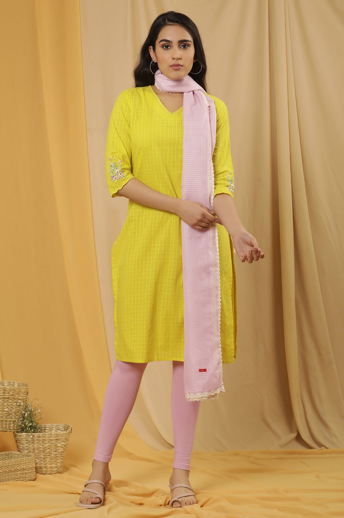 Yellow Textured Embroidered Kurta, Tights And Dupatta Set