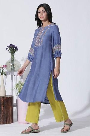 Blue Thread Embroidered Kurta And Pants Set