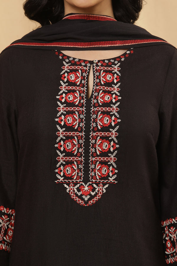 Black A-Lien Embroidered Kurta, Tights And Dupatta Set