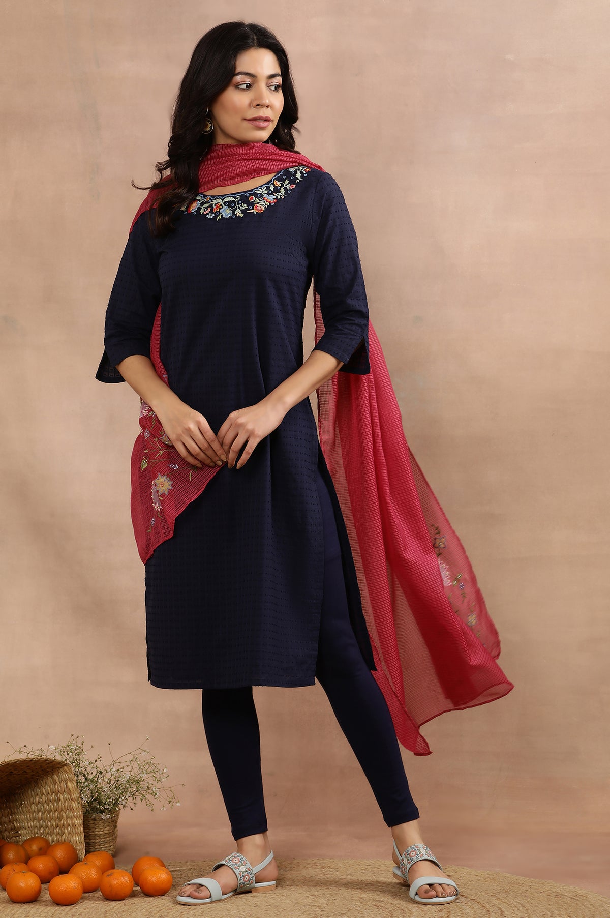 Blue Embroidered Cotton Kurta, Tights And Pink Dupatta - XS