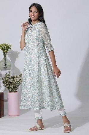 White Floral Printed Kota Kurta And Pants Set - XS