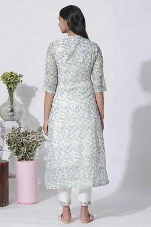 White Floral Printed Kota Kurta And Pants Set