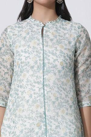 White Floral Printed Kota Kurta And Pants Set